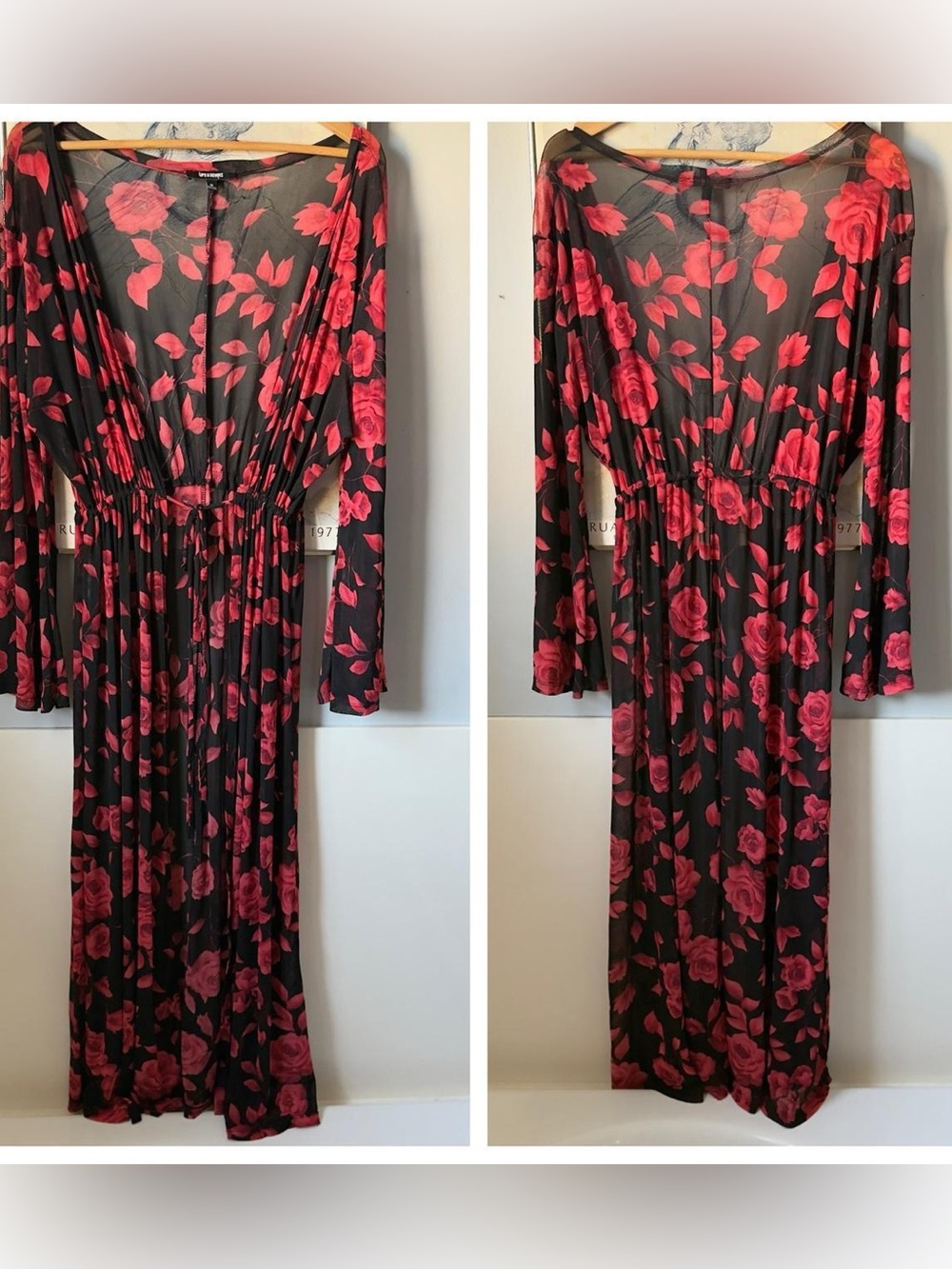 Y2K Ups & Downs Floor Length Maxi Duster Black Sheer Floral Witchcore Fairy W 1X